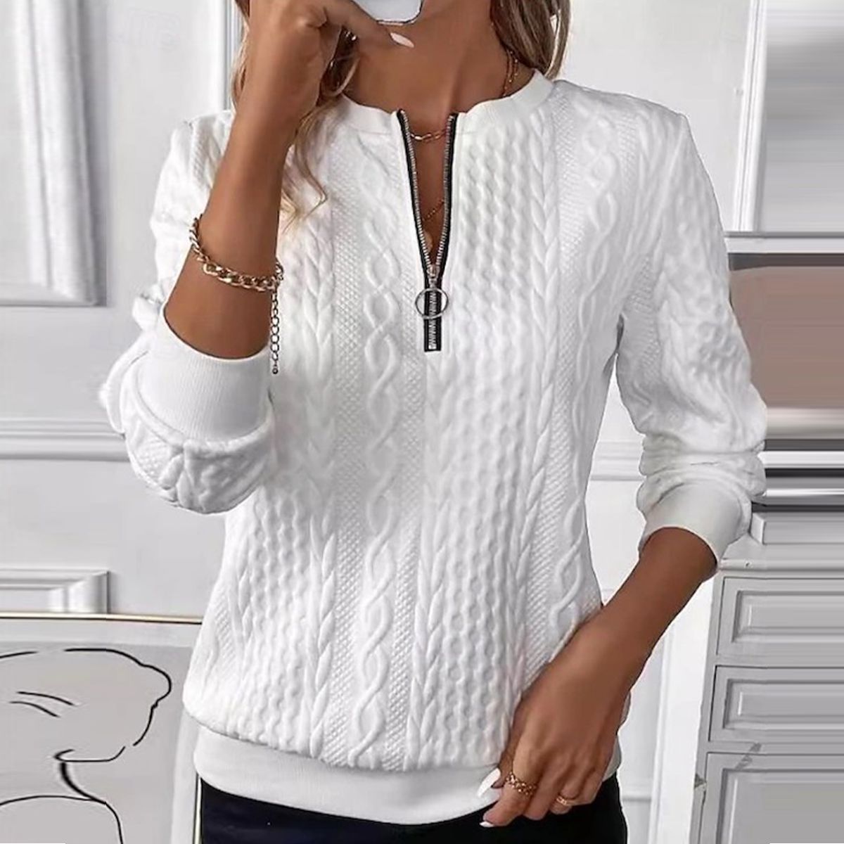 Jersey clásico de punto blanco de manga larga con cremallera para mujer | Ideal para otoño/invierno