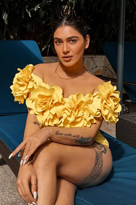 Traje de baño de una pieza sólido sin tirantes con estampado floral 3D