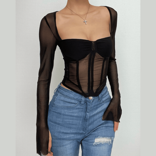 Corset mesh long sleeve solid ruched square neck crop top | Mesh Long Sleeve Crop Top | Festival Outfits Women