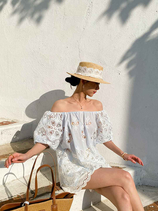 Makayla Loose Off-Shoulder Puff Sleeve Embroidered Top