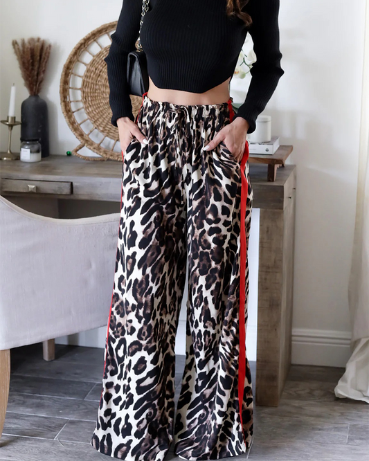 Leopard Print Panelled Wide-Leg Trousers
