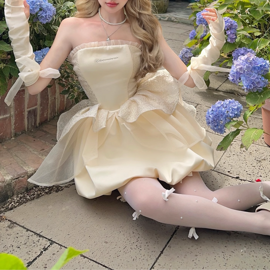Embroidery ruffle gloves bowknot lace up tube mini dress | Festival Outfits Women