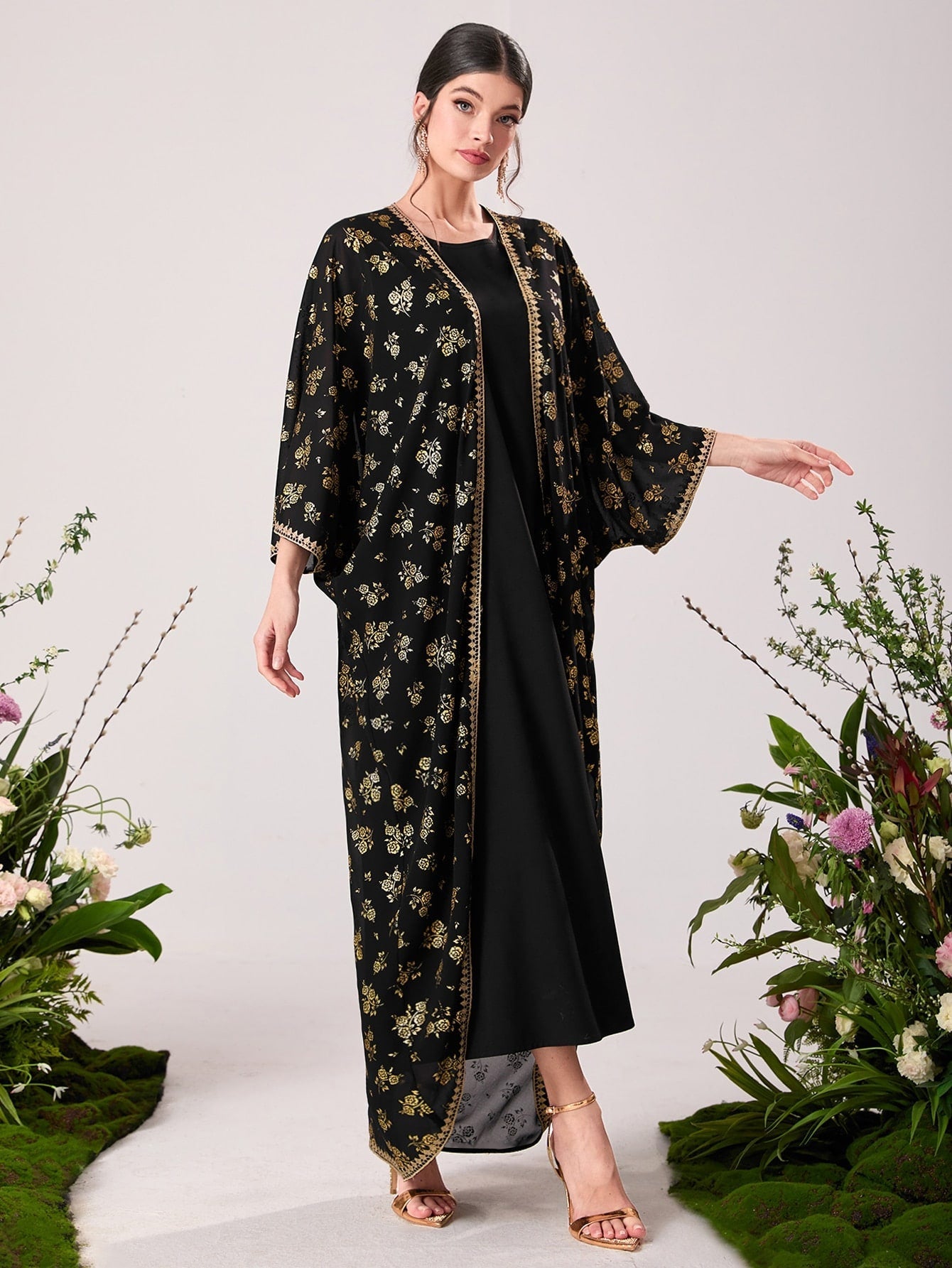 Muslim Middle East Bronzing Lace Mesh Dress Two Piece Suit