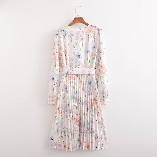 Spring Women Crumpled Printed Long Sleeve Dress