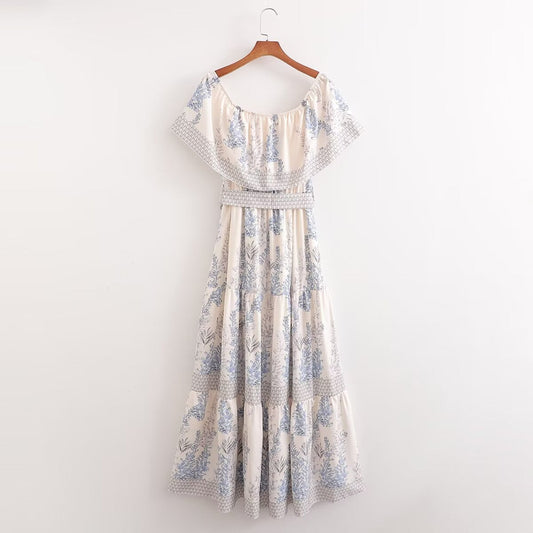 Spring Women Lotus Leaf Shoulder Printing Mid Length Dress
