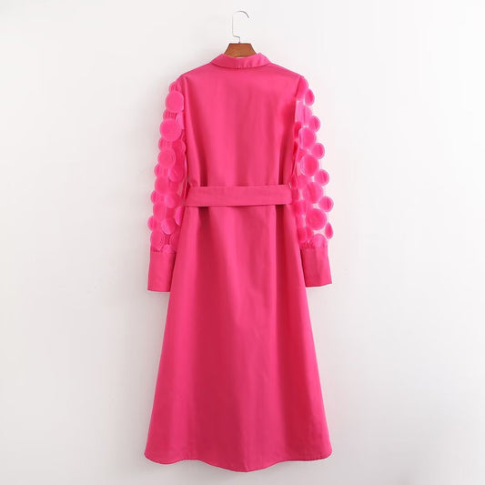 Spring Women Rose Red Long Sleeve Stitching Dress