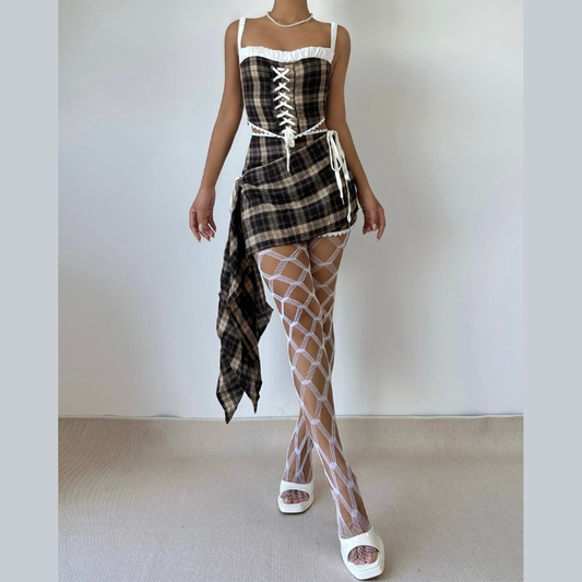Plaid lace up zip-up cami top | Festival Outfits Women
