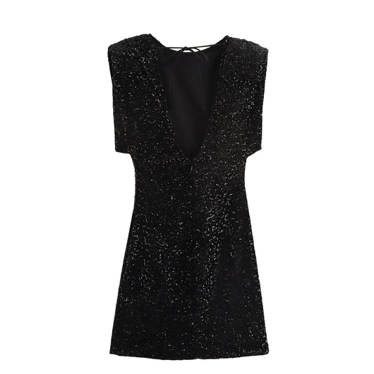 Winter Women Clothing Velvet Texture Sleeveless Back V neck Hip Dress
