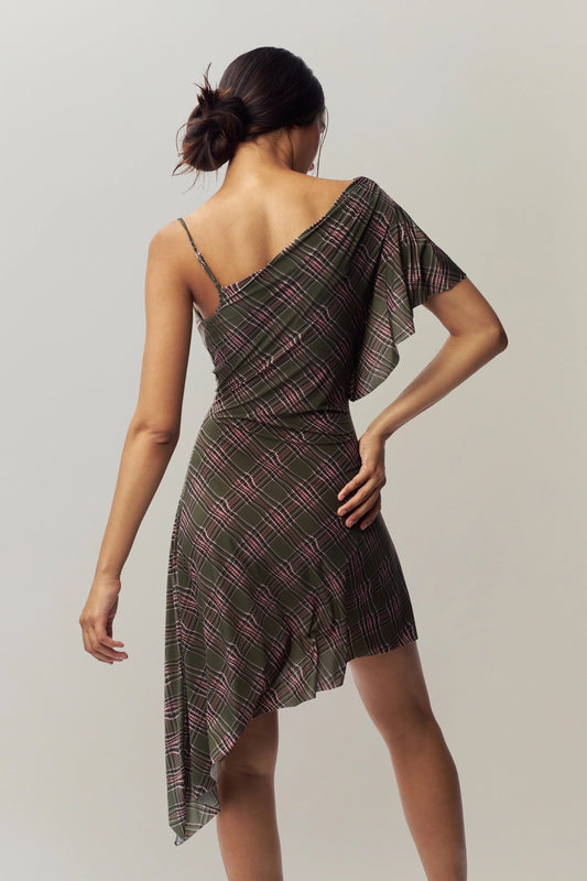Early Spring Shoulder Diagonal Collar Retro Plaid High Elastic Irregular Asymmetric Design Dress