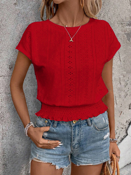 Spring Summer Arrival round Neck Jacquard Hollow Out Cutout Short Sleeve T shirt Sweet Women Casual Top