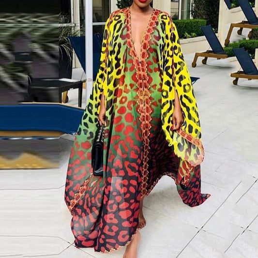 Spring New African Summer Chiffon Elegant Floor Length V neck Single Breasted Dress Plus Size