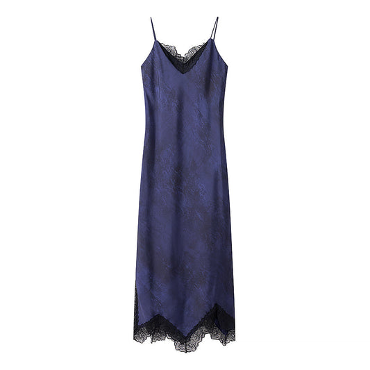 Women Clothing Early Spring French Slim V neck Lace Stitching Underwear Strap Dress