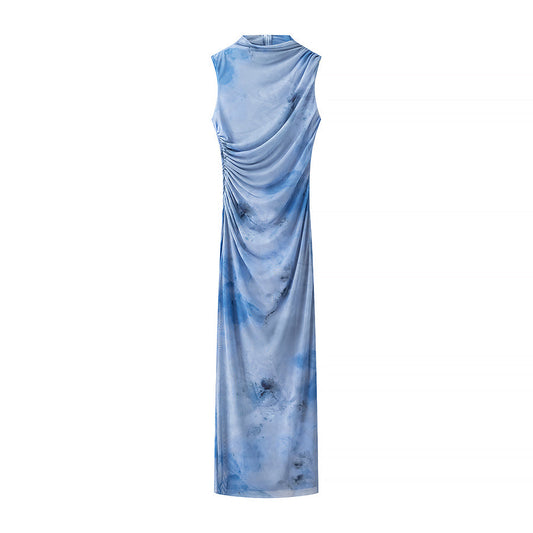 Women Clothing Early Spring Sexy Mesh Floral Print Sleeveless Pleated Slim Fit Dress