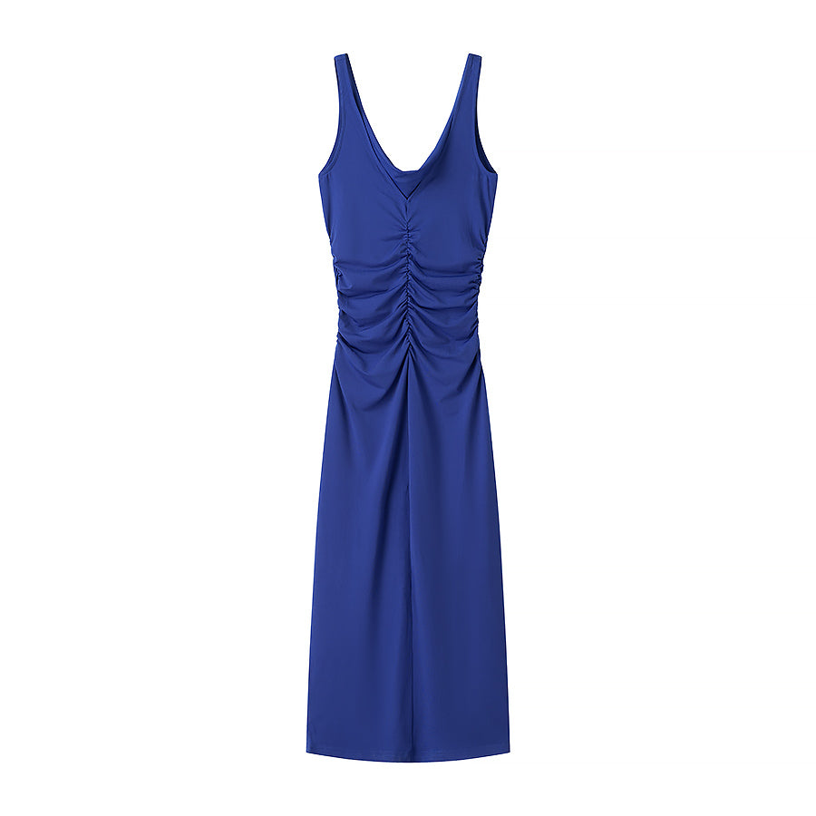 Spring Summer Women Clothing Fashionable Elegant Sexy Pleated Decorative Sleeveless Midi Dress