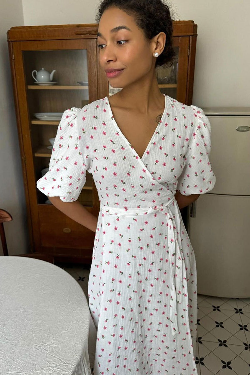 Cotton Printed Puff Sleeve Midi Dress