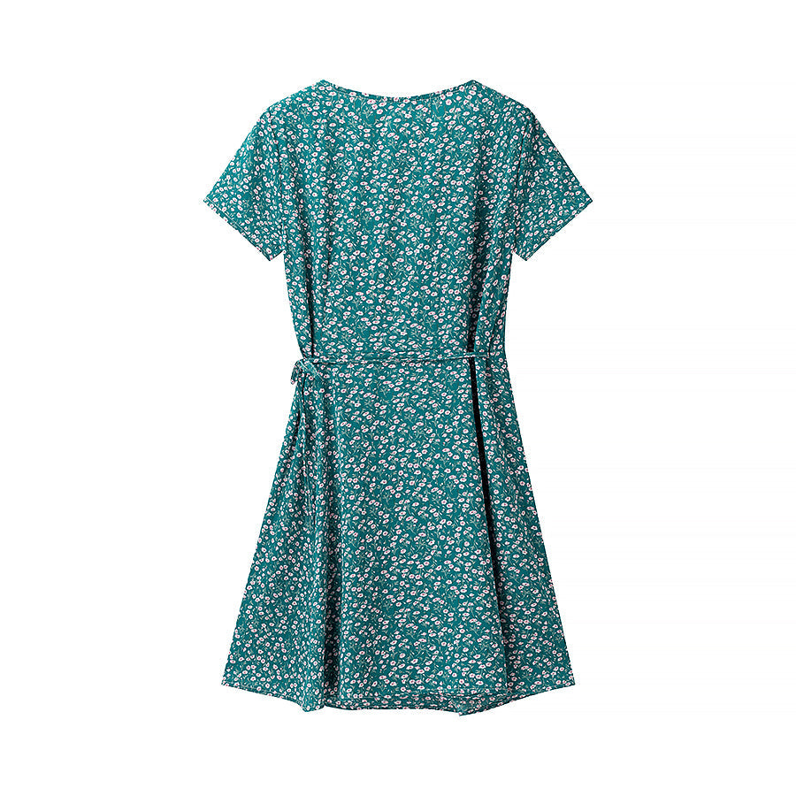 Spring Women Clothing Simple Short V neck Printed Lace up Dress