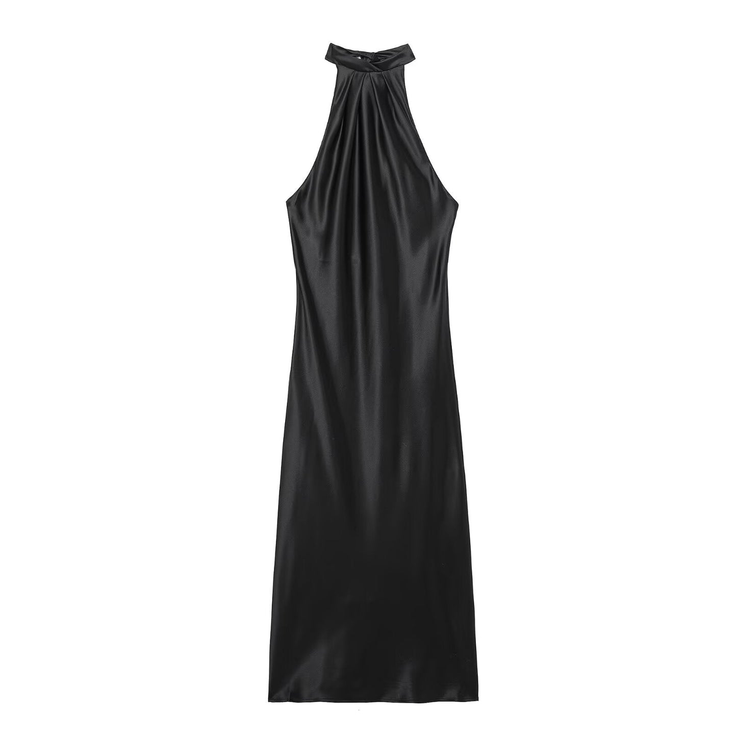 Spring Sexy Backless Silk Satin Texture Dress Hanging Collar Maxi Dress