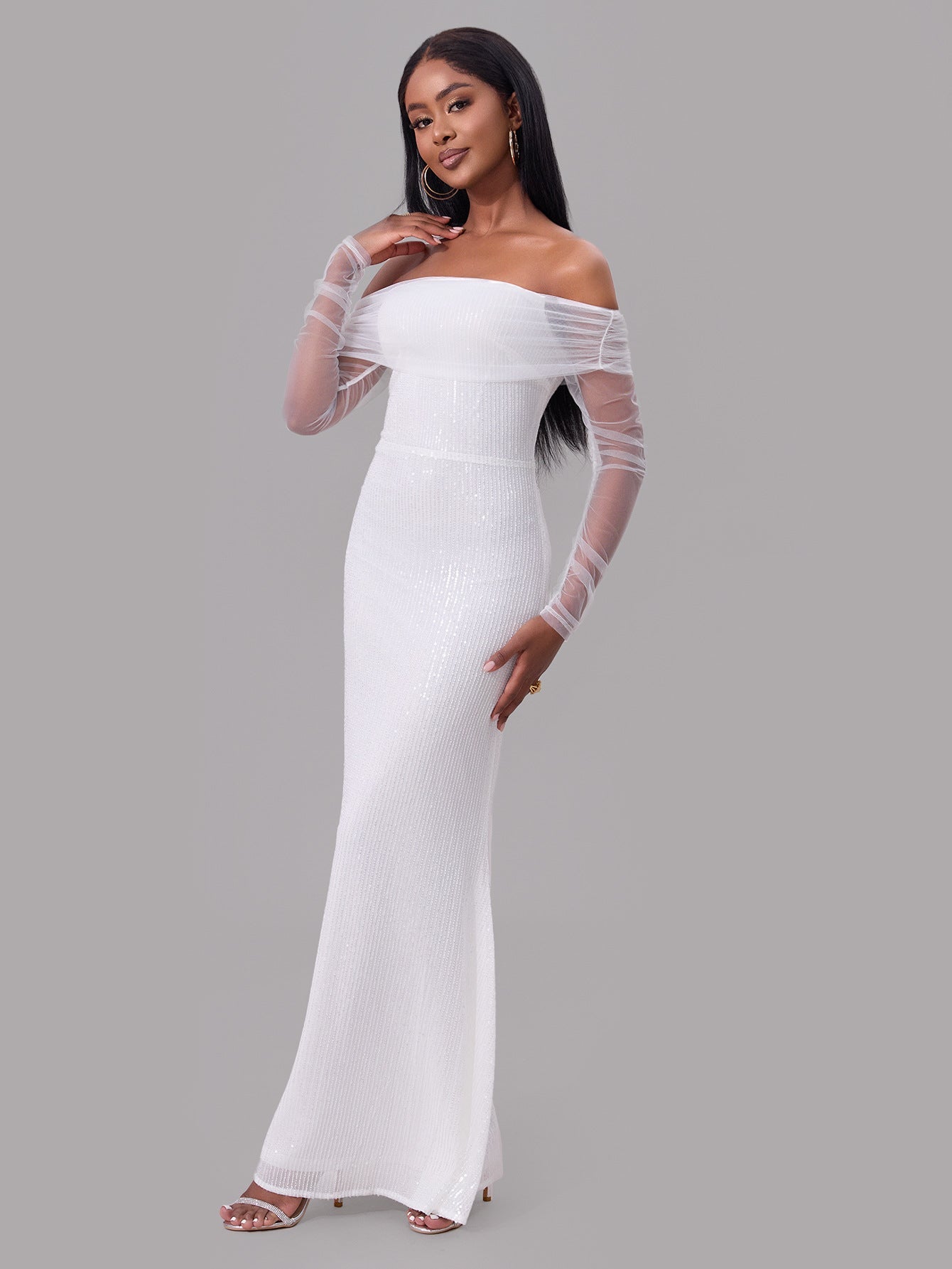 Spring Women Clothing Sexy off the Shoulder Mesh See through Maxi Dress Women