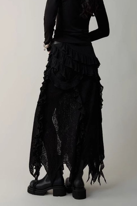 Asymmetric Wool Blend Black White Maxi Skirt