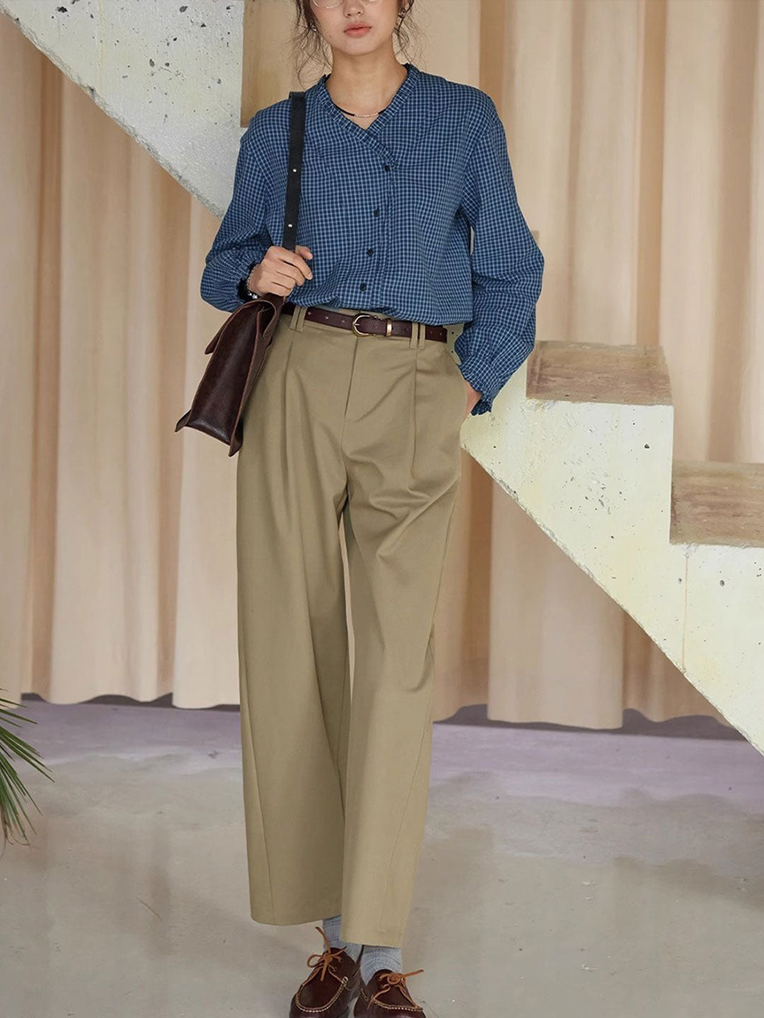 Madison Vintage V-Neck Ruffle Plaid Shirt