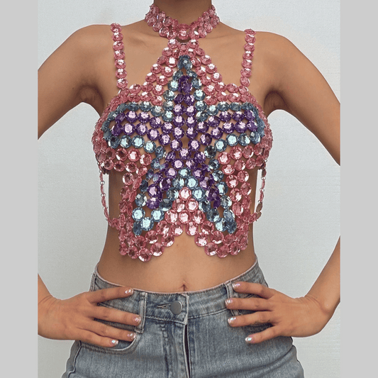 Halter star pattern backless gem chain top | Festival Outfits Women