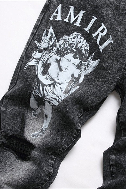 Punk Ripped Star Embroidered Denim Pants