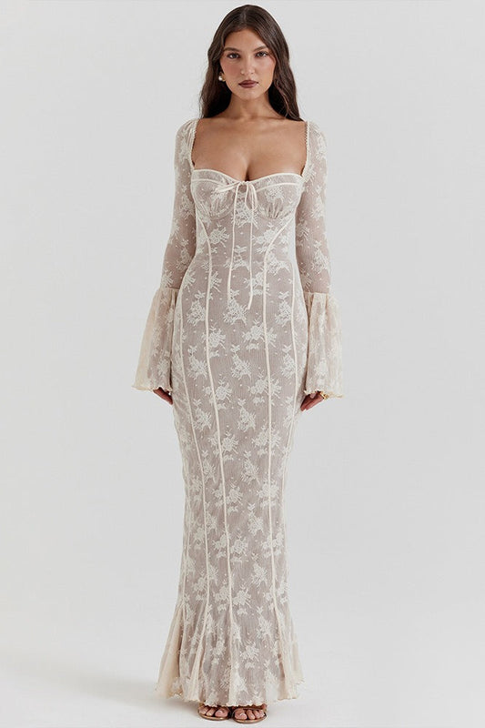 Bodycon Lace Flare Sleeve Maxi Dress