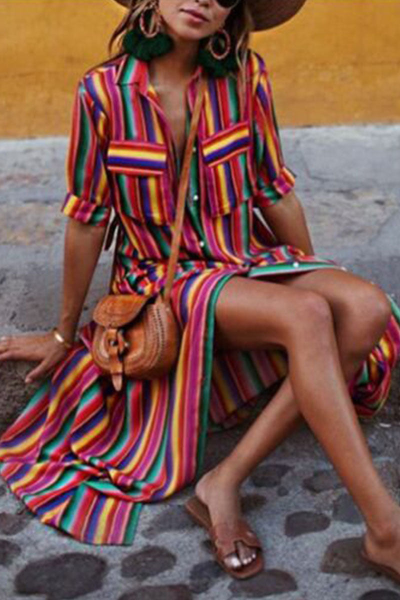 Vestido camisero de rayas con cuello vuelto (4 colores)