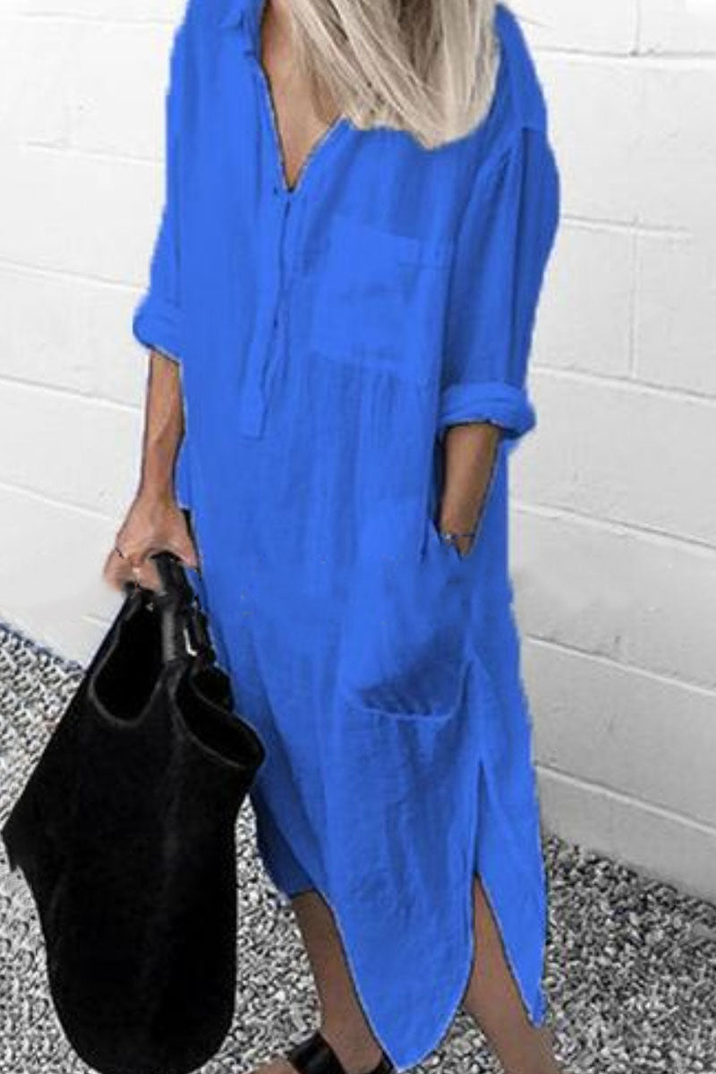 Vestido camisero de cuello vuelto liso de moda urbana (6 colores)