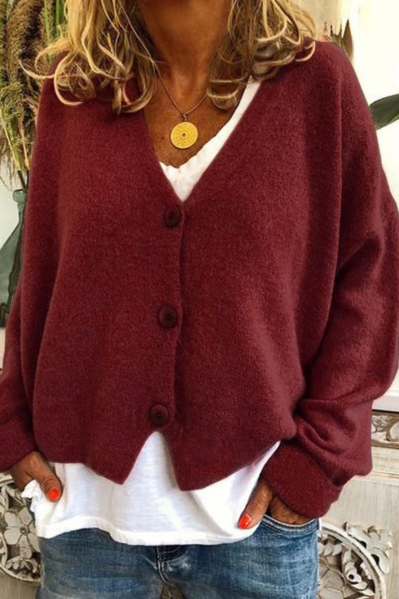 Tops de punto informales de talle medio con cuello en V y parches sólidos (15 colores)