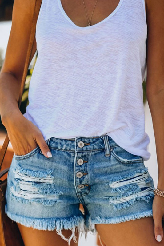 Pantalones cortos vaqueros de cintura alta con borlas rasgadas y sólidos a la moda