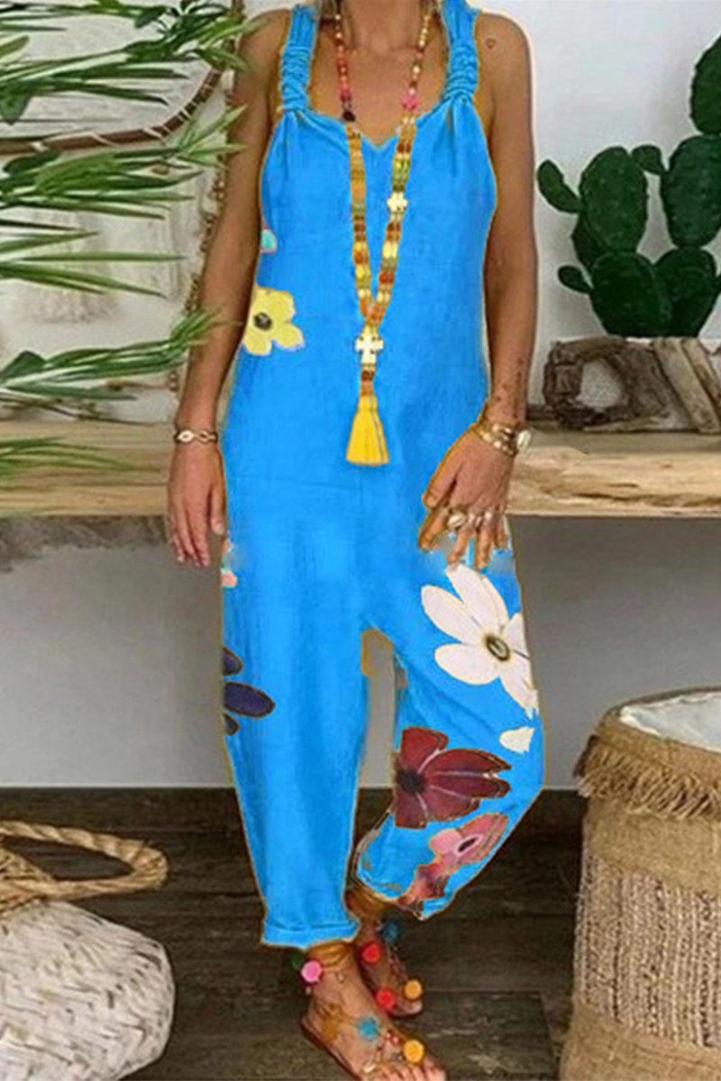 Mono holgado informal con estampado floral y cuello en V, sin espalda y plegado (5 colores)