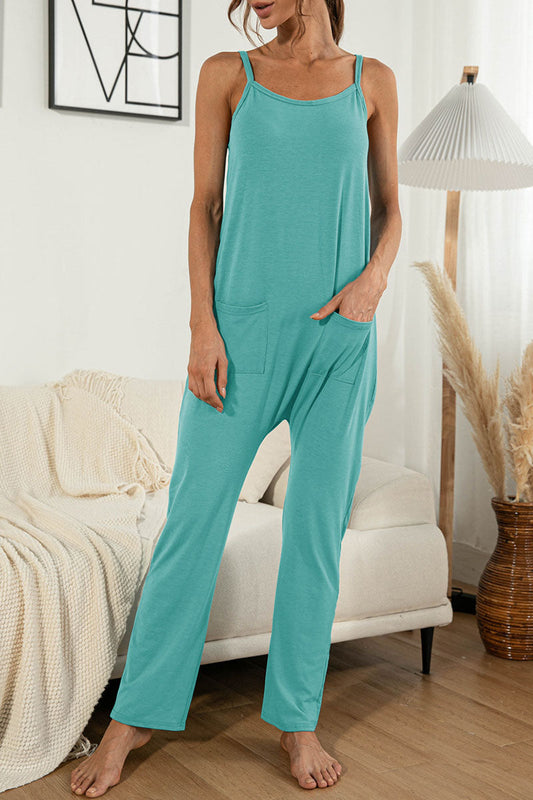 Mono holgado informal de moda con bolsillos sólidos y tirantes finos (4 colores)