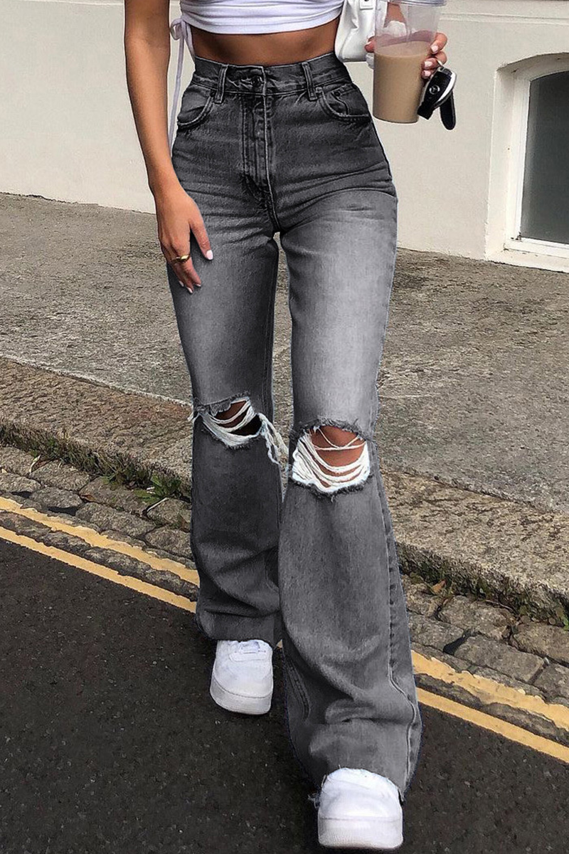 Street Solid Ripped Make Old Boot Cut Bottoms(3 Colors)