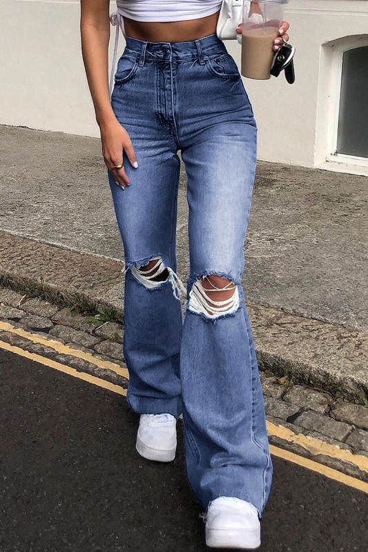 Street Solid Ripped Make Old Boot Cut Bottoms(3 Colors)