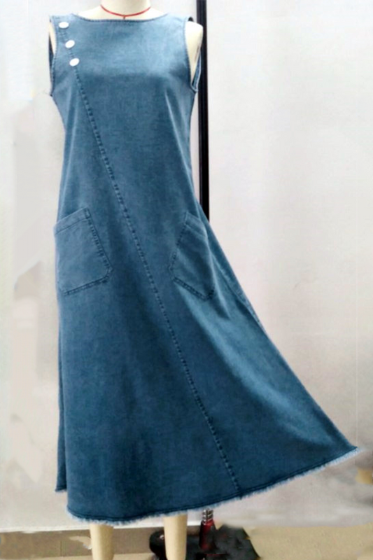 Casual Solid Pocket Buttons O Neck A Line Dresses