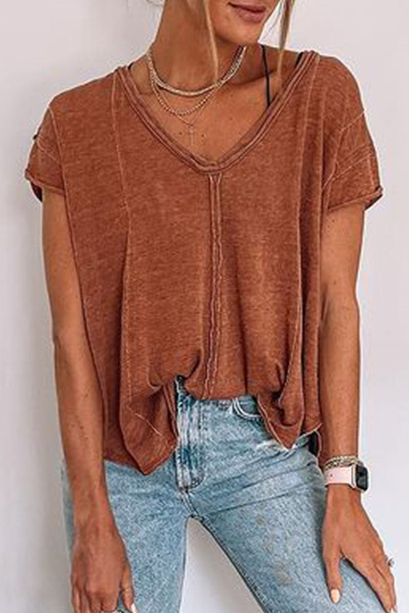 Camisetas casuales lisas con cuello en V y abertura en la parte superior (4 colores)