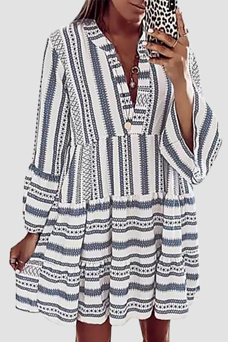 Vestidos casuales con estampado de patchwork, volantes, cuello en V y falda pastel