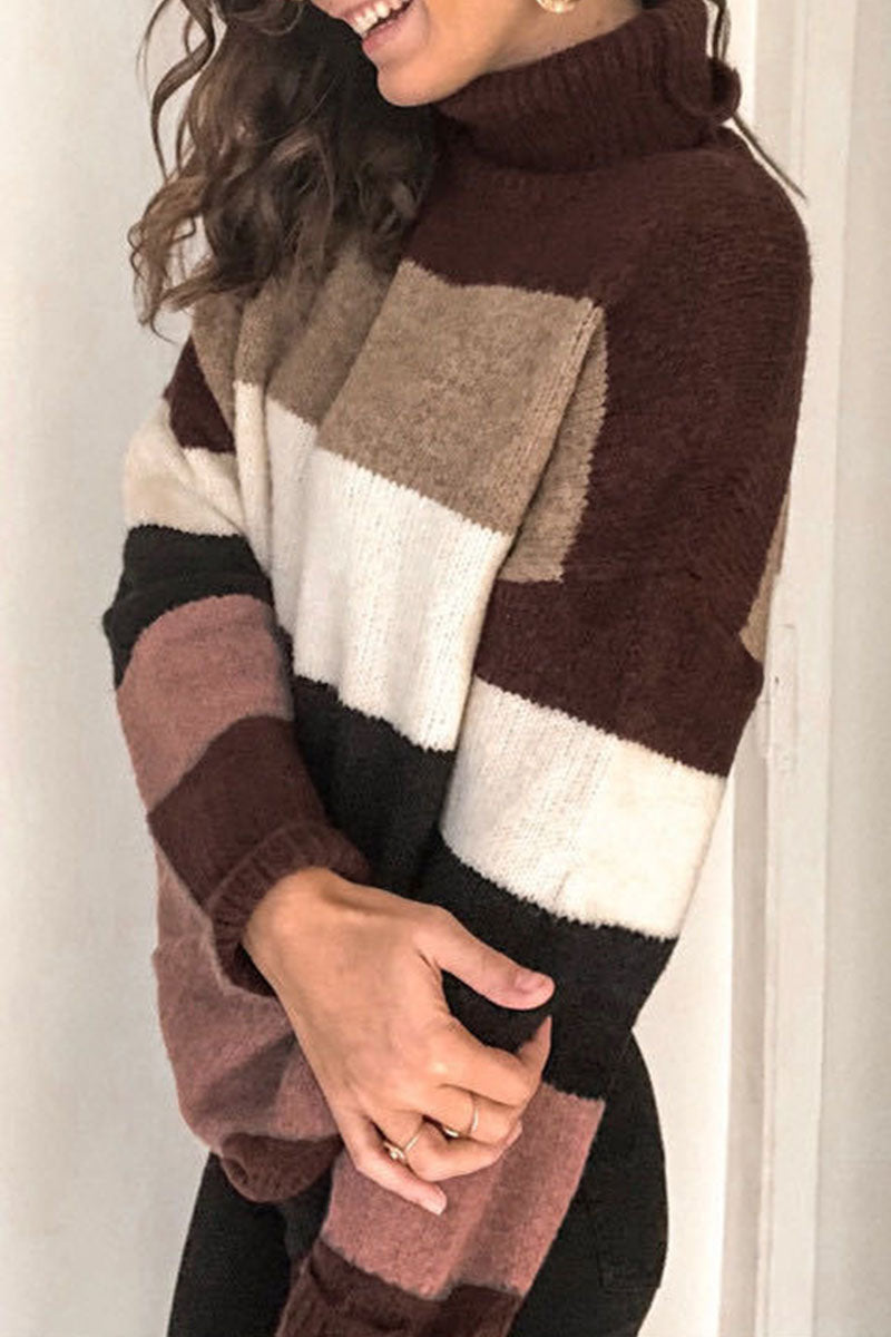 Tops de cuello alto con patchwork a rayas de moda urbana