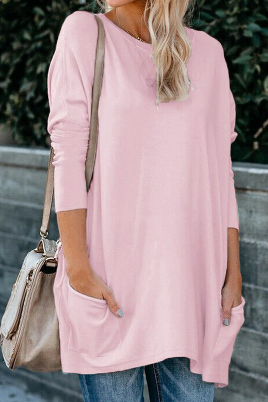 Tops casuales de cuello redondo con bolsillos y parches sólidos