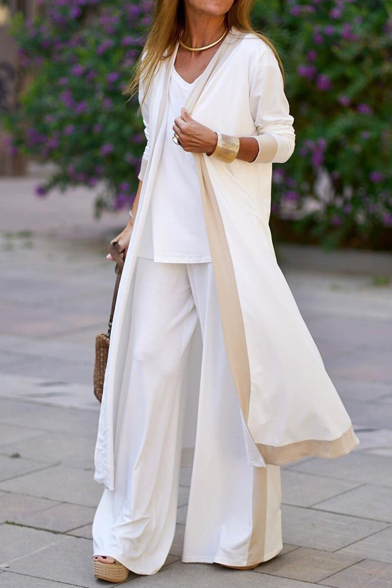 Conjunto informal elegante de tres piezas con cuello en V y manga larga en contraste (4 colores)