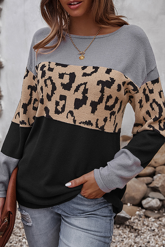 Tops casuales de cuello redondo con contraste y patchwork de leopardo