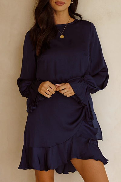 Elegante vestido de falda con cuello redondo, espalda descubierta y volantes de patchwork sólido