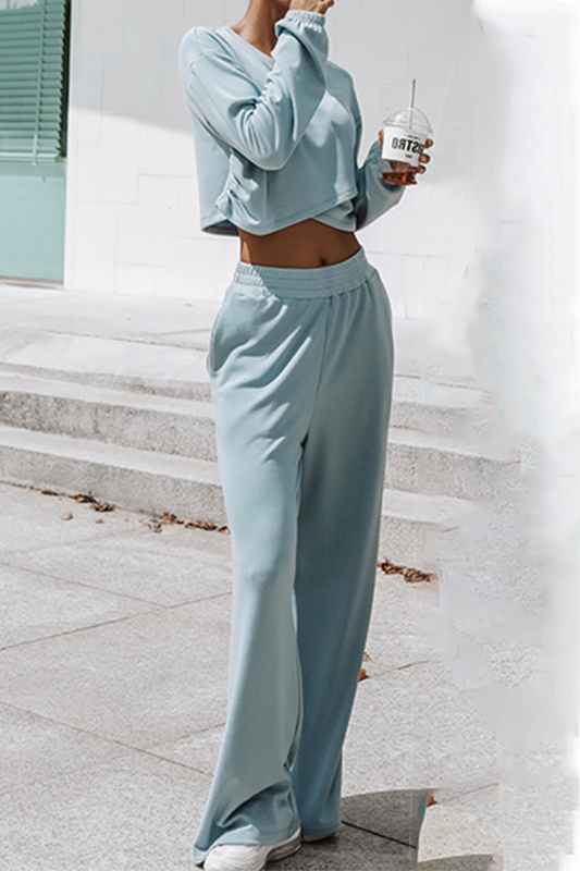 Conjunto informal de dos piezas con cuello redondo, manga larga y parches sólidos para calle