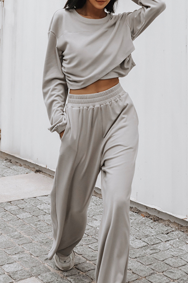 Conjunto informal de dos piezas con cuello redondo, manga larga y parches sólidos para calle