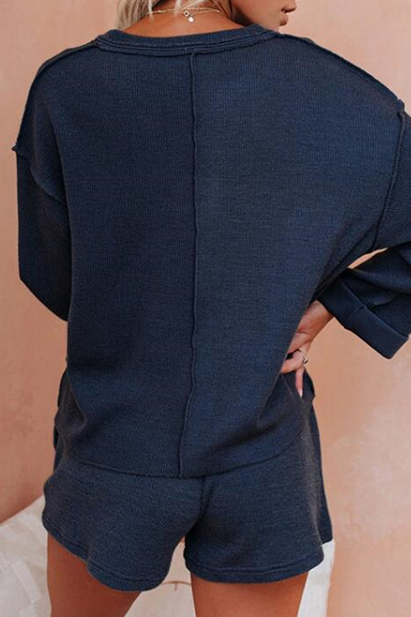 Conjunto informal de dos piezas con cuello en V, manga larga y parches sólidos con cordón ajustable