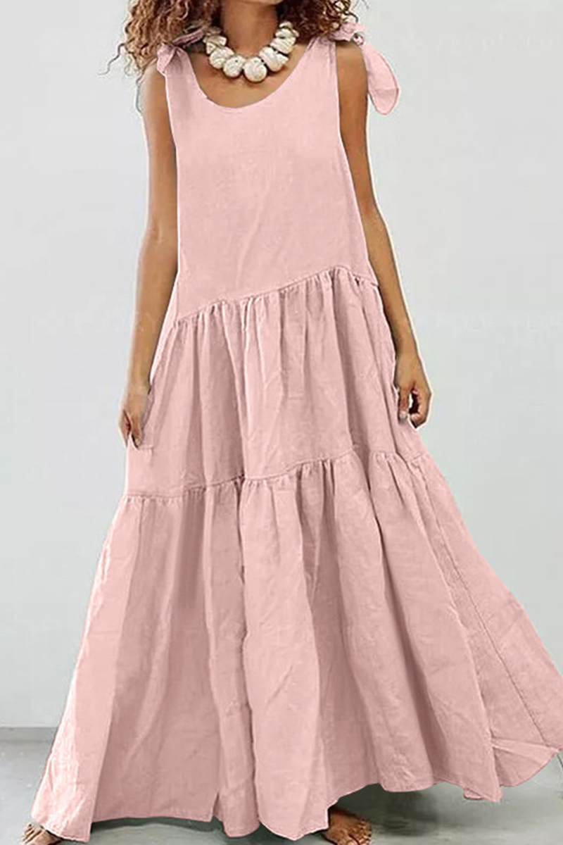 Vestidos casuales de patchwork liso con cuello redondo y falda pastel (5 colores)