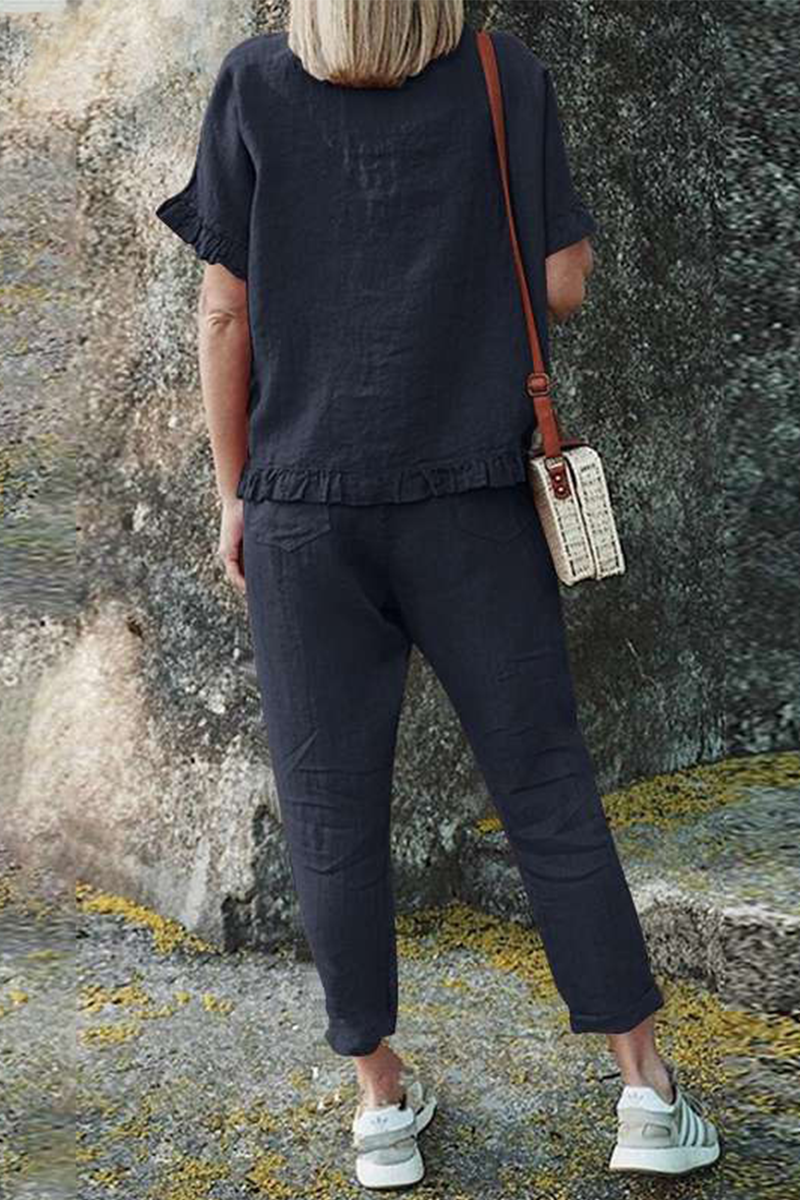Casual Solid Flounce O Neck Short Sleeve Two Pieces(4 Colors)£©