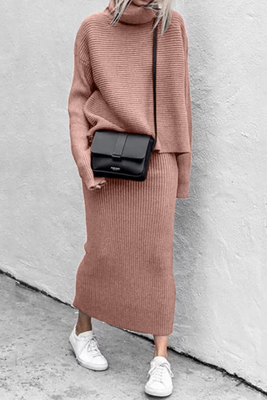 Casual Solid Split Joint Turtleneck Long Sleeve Two Pieces(5 colors)