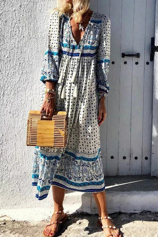 Fashion Print V Neck Cake Skirt Dresses(4 Colors)